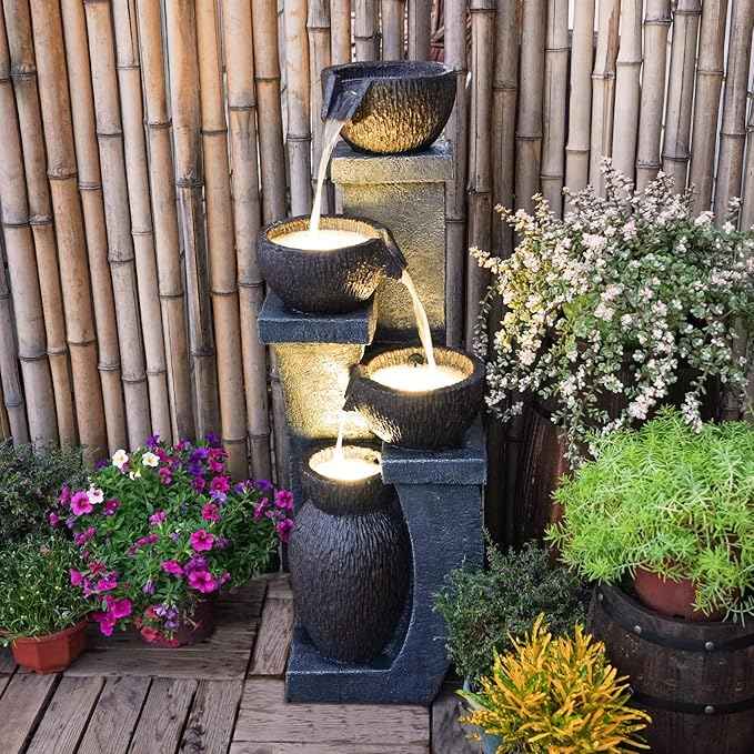 Supmix Outdoor Garden Water Fountain for Garden Patio Backyard Deck Porch and Home Art Decor 4 Tiers Modern Cascading Outdoor Fountains with Lights 37.4”H