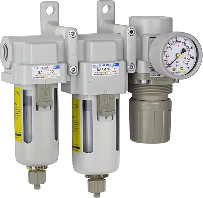 PneumaticPlus SAU330-N03G Three Stage Compressed Air Drying System - Particulate Air Filter, Coalescing Filter, Air Pressure Regulator Combo 3/8" NPT - Poly Bowl, Manual Drain, Gauge - AquaVibe