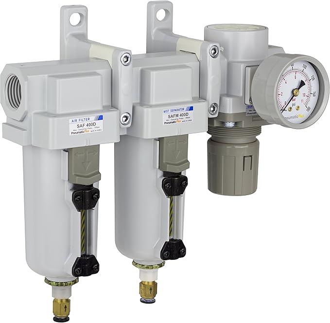 PneumaticPlus SAU430-N06DG-MEP Three Stage Air Drying System Particulate Air Filter, Coalescing Filter, Air Pressure Regulator Combo 3/4" NPT - Metal Bowl, Auto Drain, Bracket, Gauge - AquaVibe