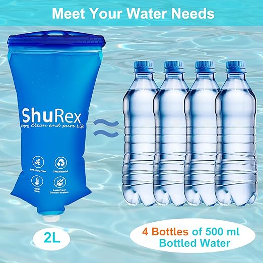 2L Water Container Bag for Sawyer Water Filter Straw, Collapsible Water Bottle Bladder Compatible with Membrane Solutions Water Filter Straw, and other Water Flow Purifiers with 28 mm Thread (2L)