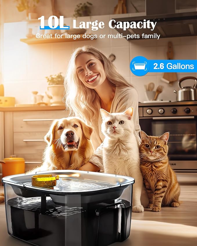 2.6 Gallon Dog Water Fountain – Stainless Steel 10L Pet Fountain Cat Fountain Dog Bowl Dispenser 338oz Capacity for Multi Pet Homes 4 Filters with 7 Layer Dual Filter System Ultra Quiet Pump