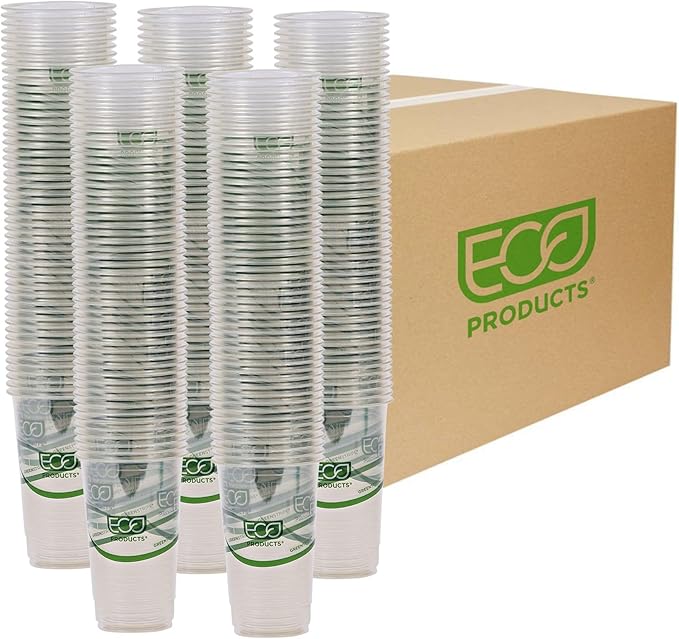 ECO PRODUCTS GreenStripe Clear Compostable 32oz PLA Large Plastic Cups, Case of 600, Disposable Renewable Plant-Based Cold Cups, For Cold Drinks & Snacks, BPI Certified, ASTM Compliant.