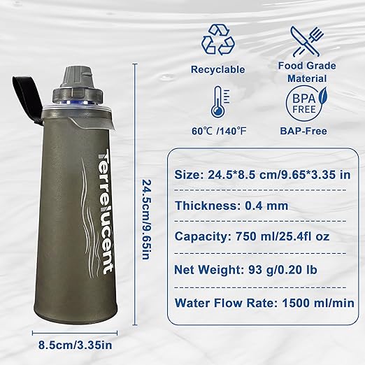 750ML Collapsible Water Bottle with Filter, Squeeze Filtered Water Bottle, BPA-Free, Dual Filtration, Ultralight Water Filter System for Hiking, Camping, Backpacking (Gray, 25.4 OZ)