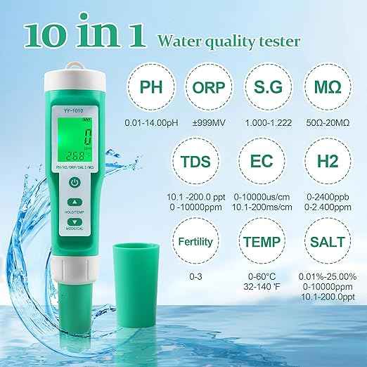 Hydrogen Water Tester 10 in 1 Resistivity/Fertility/H2/pH/TDS/EC/ORP/S.G/Salt/Temp Meter with ATC pH Meter,0.01 High Accuracy pH Tester Digital,TDS Meter PPM Meter for Drinking,Hydroponics,Pool.