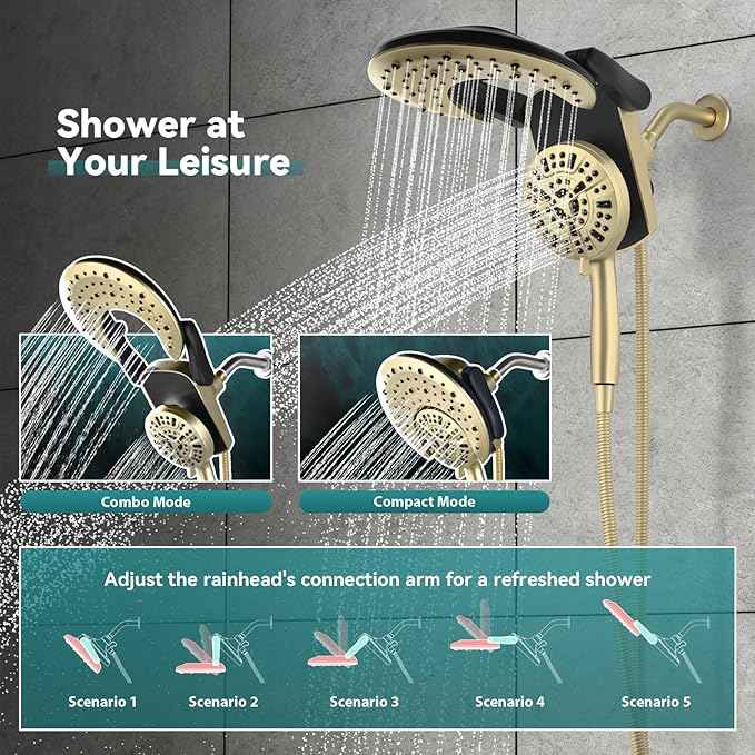 Rain Shower Head with Handheld: Foldable High Pressure Shower Heads with Handheld Spray Combo, 9 Spray Settings/Modes Hand Held Showerhead Dual Rainfall Shower Head Built-in Magnetic Docking and Jets
