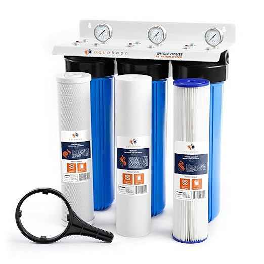 3-Stage Whole House Water Filter System 20 x 4,5 inch with Wrench, Bracket, Gauge & Release Buttons | Sediment, CTO, Pleated Water Filters Included