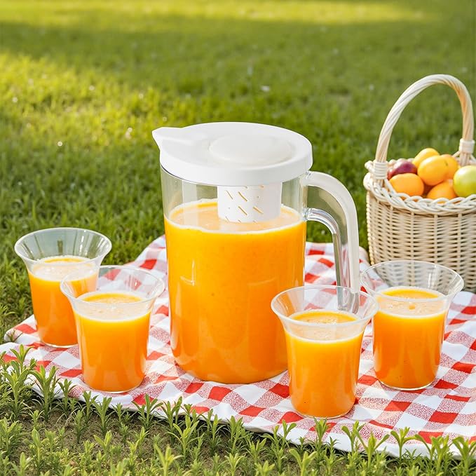 Plastic Pitcher With Lid and 4 Cups, 62oz, Clear Water Pitcher with Lid, Fridge Jug, BPA Free, Great for Iced Tea, Sangria, Lemonade, Juice, Milk, and More