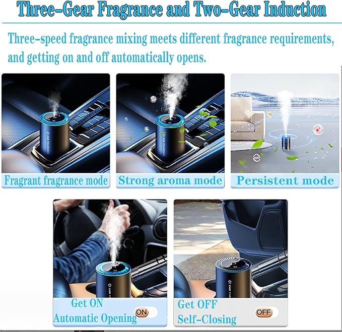 YUENTOEN Car Diffuser, Smart Car Air Freshener, USB Rechargeable Mini Portable Diffuser with 7 LED Color Changing Light and Auto-Off Safety Switch for Car Home Office Bedroom(No Perfume Included)
