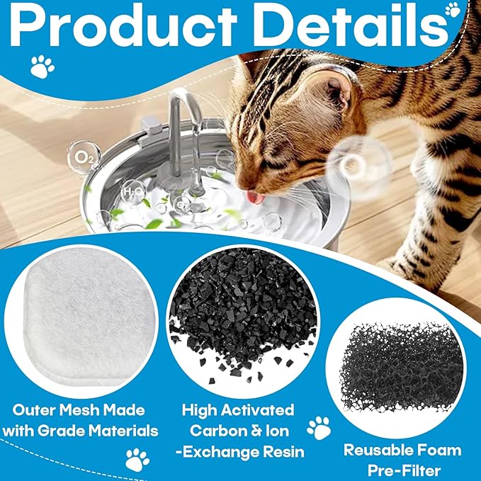 12 Pack Cat Water Filters Replacement for 108Oz/3.2L & 67Oz/2L Stainless Steel Pet Water Dispenser, Cat/Dog Indoor Water Dispenser Fountain for Most Pet Water Fountains 12 Filters & 12 Sponges