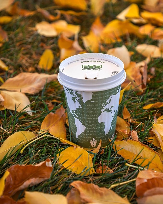 ECO PRODUCTS Compostable Disposable Insulated World Art 12oz Coffee Cups, Case of 600, Renewable Double-wall Hot Paper Cup, Plant Based PLA Lining, No Sleeves Needed, Color Coded