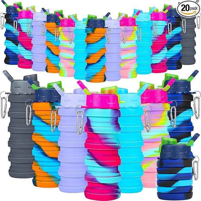 Sunnyray Collapsible Water Bottles Bulk Foldable Water Bottles 17oz Silicone Portable Leak Proof Reusable Sports with Clip for Travel Hiking Camping Outdoor(Camouflage,20 Pack)