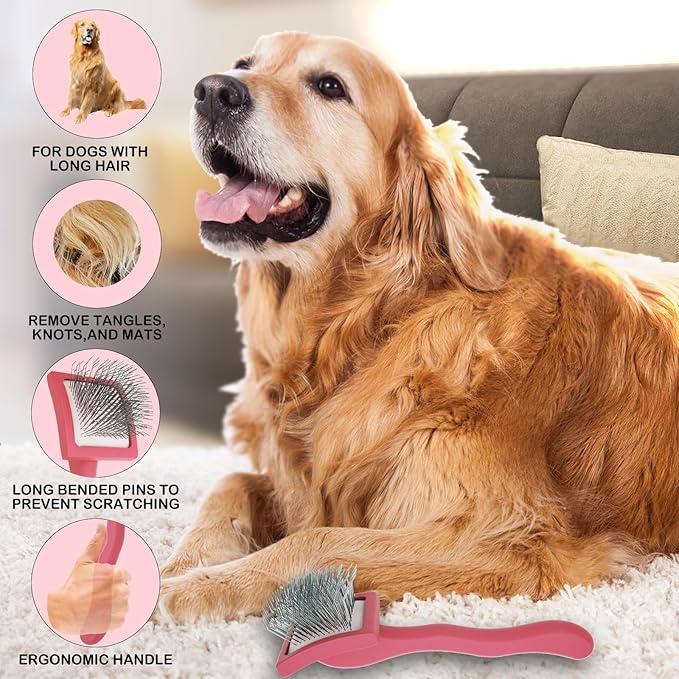 Dog Slicker Brush for Golden Doodle Grooming Kit - Dematting Brushes for Goldendoodles, Labradoodles, Poodles - Pet Hair Brush for Short & Medium Haired Dogs - Small (Red) - AquaVibe