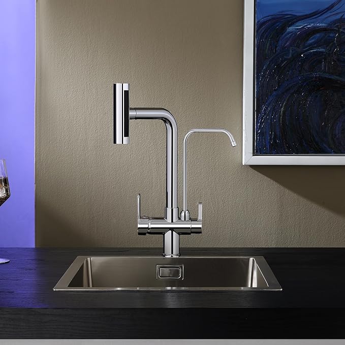 Dual Handles Kitchen Sink Faucet with Drinking Water Faucet, 3 Way Pull Out Kitchen Faucet with 3-Function Sprayer for Water Filtration System, Chrome
