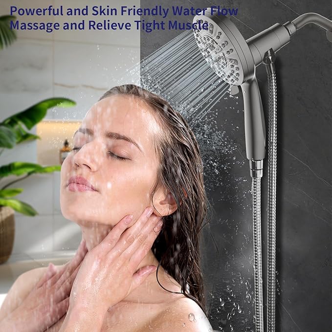 Handheld Shower Head with Filter, High Pressure 10-Spray-Mode Detachable Shower Head with 60-Inch Hose, Powerful Hand Held Shower Head for Low Water Pressure(Nickel)