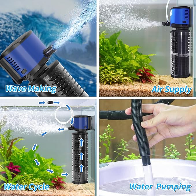 TARARIUM Aquarium Filter 400GPH for 55-200 Gallon Fish Tank, Biochemical Quiet Submersible Internal Powerful Pump Air Supply, Wave Maker 4 in 1, Small Ponds, Saltwater & Freshwater Crystal Clear - AquaVibe