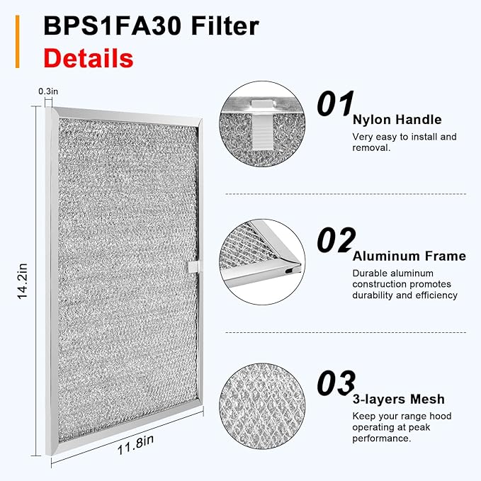 Allure Range Hood Grease Filter BPS1FA30 99010299 by Fetechmate 11-3/4" x 14-1/4" x 3/8" Aluminum Mesh Filter Fit for B-roan QS1 30" N-utone WS1 QS2 Range Hoods Replace S99010305 AP3378953-2 Pack - AquaVibe