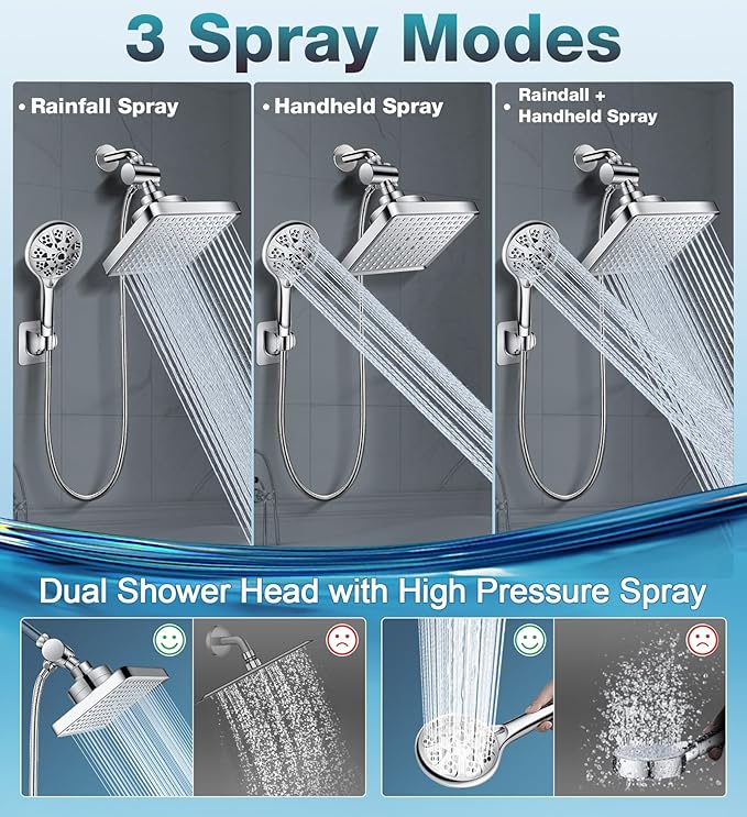 Dual Filtered Rain Shower Head Combo, High Pressure 10 Modes Handheld Shower Head Built in Water Filtration, 6 inch Rainfall Shower Head with Filter for Hard Water