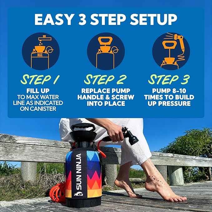 SUN NINJA Portable Shower, Camping Shower with 7 Mode Shower Head, Neoprene Cover Helps Keep Water Warm, High Pressure Hose, Easy to Carry