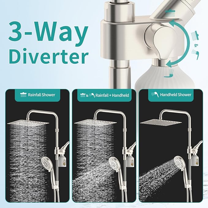 MIAOHUI High Pressure Rain Shower Head with 7 Settings Handheld Spray, Dual Shower Heads with Handheld Spray Combo, 10 Inch Luxury Rainfall Shower Head and Handle Set with Filter (Brushed Nickel)