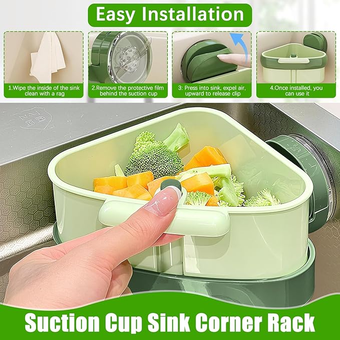 Suction Cup Sink Corner Rack,Sink Strainer Basket,Plastic Sink Storage Rack Holder,Triangle Sink Filter Basket,Corner Sink Trash Catcher for Food Waste (Green)