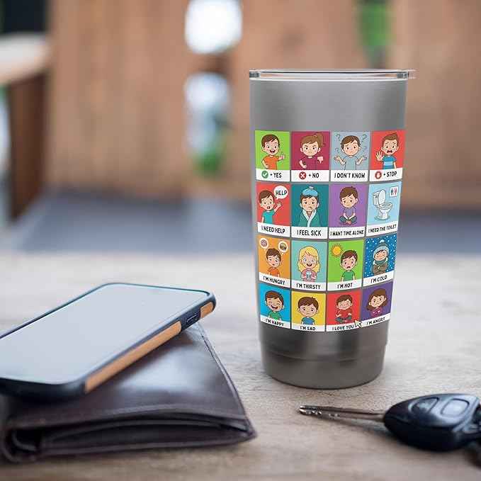 Autism ACC Communication Non Verbal Visual Aid Autistic Kids Stainless Steel Insulated Tumbler