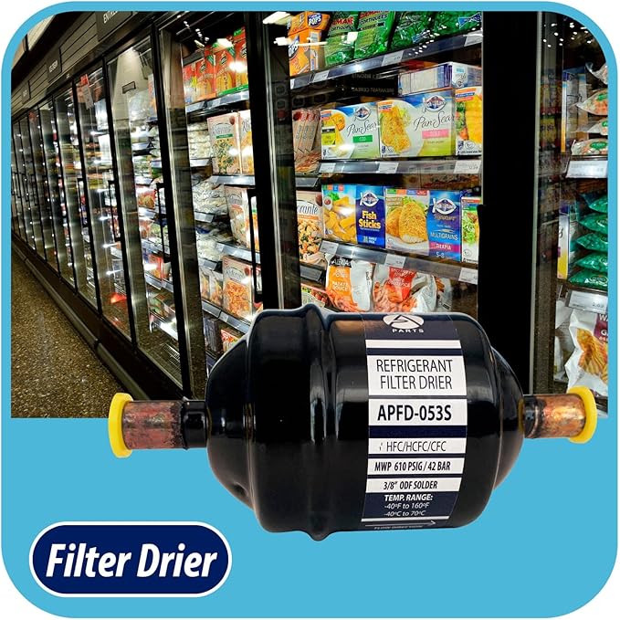 Appli Parts APFD-053S 3/8 in Liquid Line Refrigerant AC Filter Drier hvac Refrigeration 053S ODF Sweat Solder connection universal unidirectional 4-1/2 in long 2 in wide