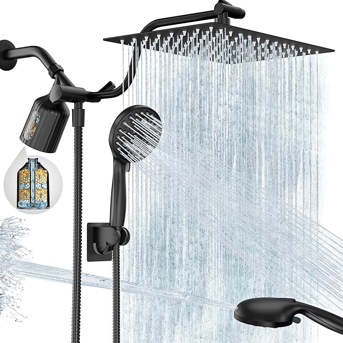 Filtered Shower Head with Handheld, 11.8" Rain Shower Head, High Pressure 10-Function Handheld Shower Head, with 13.6" Adjustable Shower Head Extension Arm, Shower Head Holder Adhesive (Black)