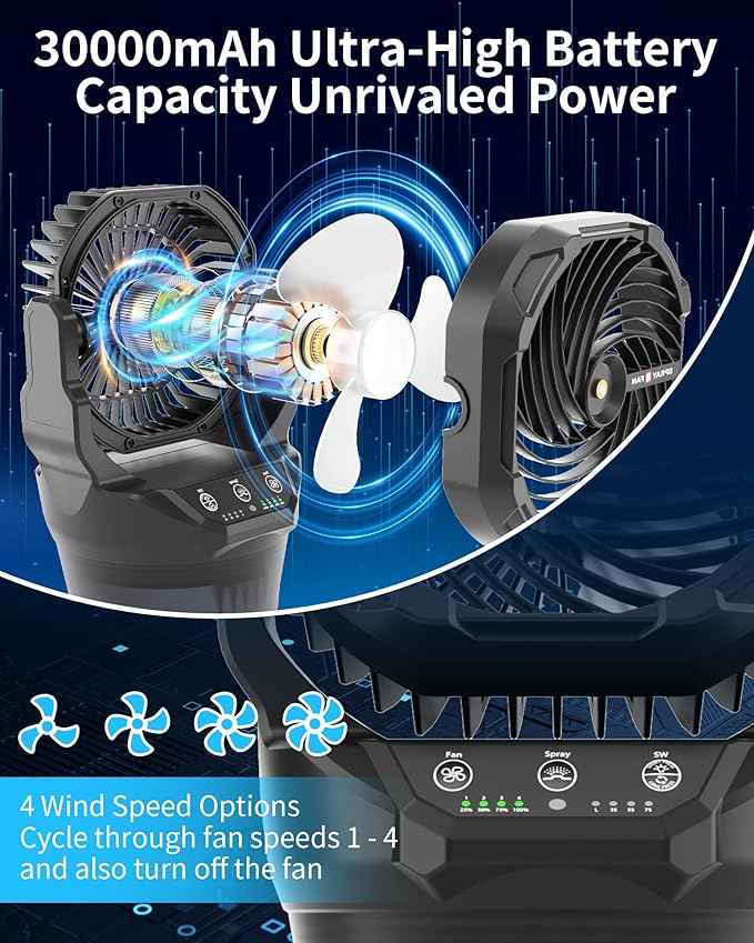 AVV Portable Misting Fan with RGB Ambient Light- 2L Water Tank, 4 Speeds & Spray Mist Fan, 30000mAh Rechargeable Misting Fans for Outdoor/Indoor Fans for Camping, Patio, Garden, Black
