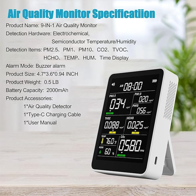 9-in-1 Professional Indoor Air Quality Monitor Indoor Portable PM2.5/PM10/CO2, Temperature, Formaldehyde Detector, Humidity TVOC,Time Display Air Quality Tester - Confined Space Clean Air Monitor