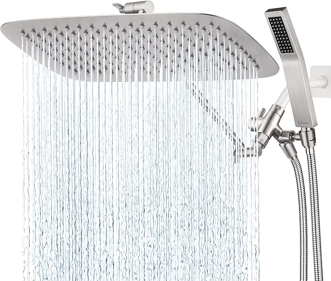 G-Promise All Metal 16 Inch Dual Square Shower Head with Handheld Spray Combo, Rain Shower Head, Adjustable Extension Arm, 3-Way Diverter, 71 Inch Extra Long Hose - A Bathroom Upgrade(Brushed Nickel)