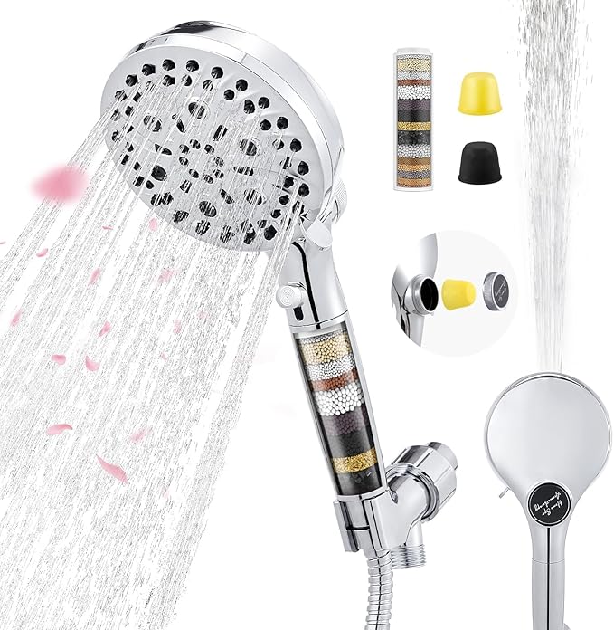 Filtered Shower Head with Handheld, High Pressure 10 Spray Mode Showerhead, Water Softener Filters Beads for Hard Water - Remove Impurity, with brackets and hoses, Chrome
