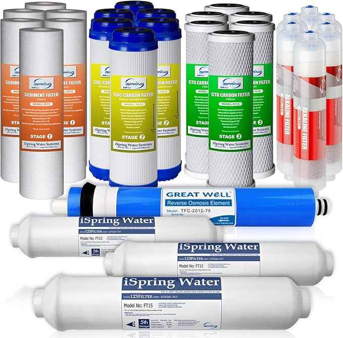 iSpring RCC7AK Under Sink Reverse Osmosis Drinking Water Filter System, White & F28K75 3-Year Replacement Supply Set for 6-Stage Reverse Osmosis RO Water Filtration Systems, 28 Piece, White