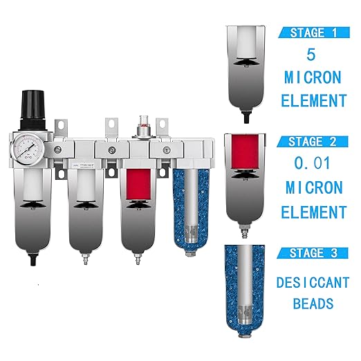 NANPU 1/2" NPT Industrial Grade 4 Stage Air Drying System - Double Particulate Filters, Coalescing Filter, Desiccant Dryer & Air Regulator, Metal Bowl, Auto Drain, for Paint Spray＆ Plasma Cutter - AquaVibe