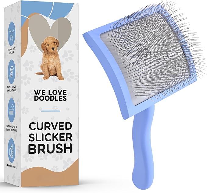 We Love Doodles Grooming Curved Slicker Brush for Long-Haired Dogs - Poodle, Golden Doodle, and Dematting (Large) - AquaVibe