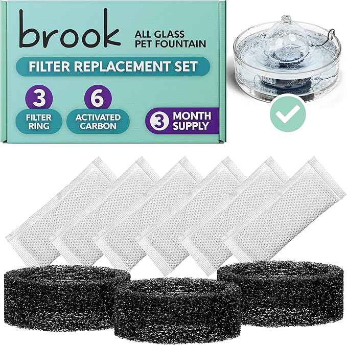BROOK Glass Pet Fountain Filter Replacement Set – 3 Filter Rings & 6 Activated Carbon Pouches – 3 Month Supply Replacement Filters Set for BROOK Cat Fountain