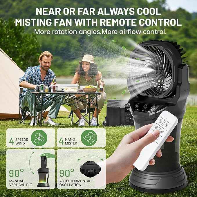 Portable Misting Fan with Remote & 30000mAh Rechargeable Misting Fans for Outside Patios Camping Beach & Workshops Mist Fan Portable for Outdoor/Indoor 2L Water Tank RGB Light 4 Speeds & Spray
