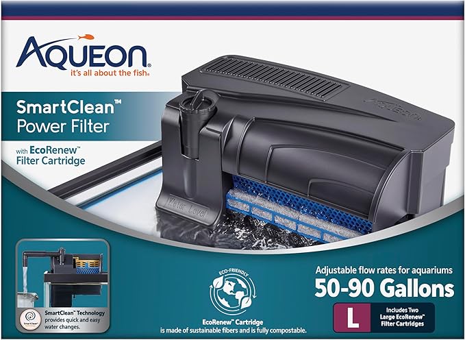 Aqueon SmartClean Power Filter with EcoRenew Filter Cartridge, Quick and Easy Water Changes, Quiet Operation, Adjustable Flow, for 50-90 Gallon Freshwater and Saltwater Aquariums, Large - AquaVibe