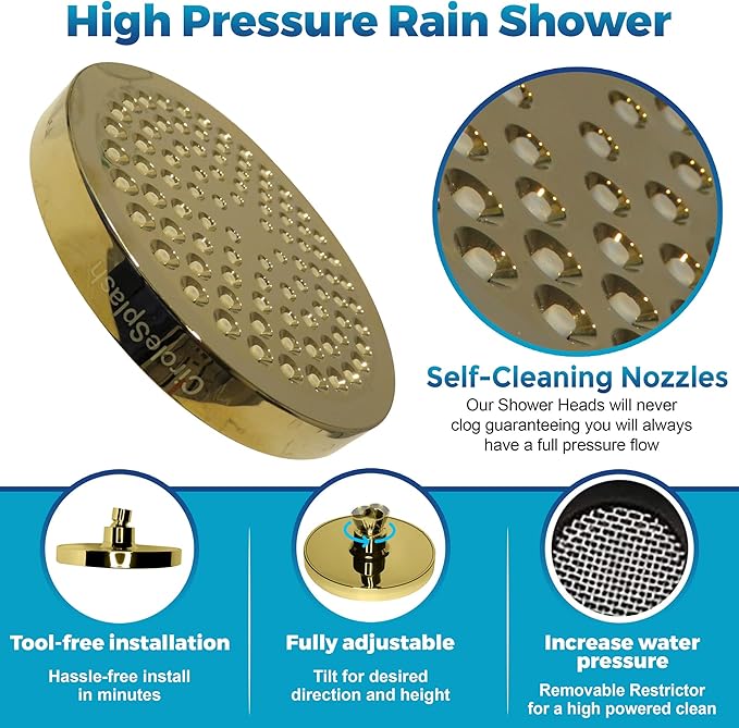 High Pressure Shower Head - Anti-Clogging Silicone Nozzles - 2.5 GPM Removable Restrictor - Easy to Clean Adjustable Replacement - easy to install with Plumbers Tape - 6 inch - Elegant Gold Finish - AquaVibe