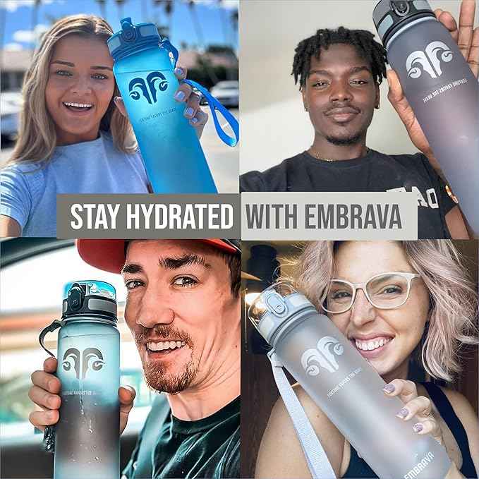 Embrava Sports Water Bottle 32oz - Fast Flow Flip Top Lid - BPA & BPS Free Leakproof Reusable - Lightweight Non-Toxic Tritan Plastic 1 Liter - Gym Hiking Office School Travel