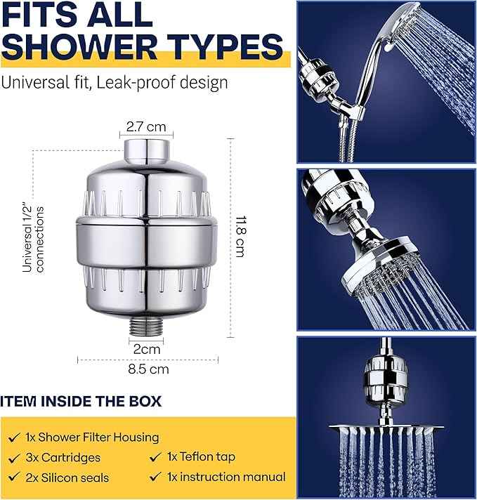 20-Stage Shower Filter: Vitamin C Enhanced, Hard Water Softener, Chlorine Removal, Revitalize Skin, Hair & Nails with 3 Long-Lasting Cartridges, Universal fit & Easy Installation