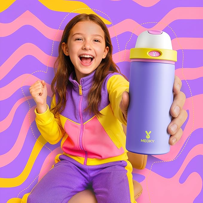 18 oz Insulated Water Bottle for Travel: Meoky Stainless Steel Kids Water Bottle with 2-in-1 Straw and Spout Lid - Leak Proof, Fits in Car Cup Holder, BPA-Free for Gym School, Starry Lilac
