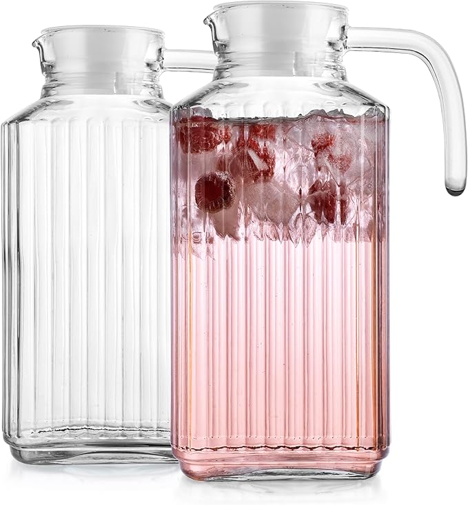Home Essentials & Beyond Fridge Pitcher Set of 2 - 60 OZ. Glass Water Pitcher With Lid, Practical and Easy to Use, Great for Lemonade, Iced Tea, Milk, Cocktails and More Beverages