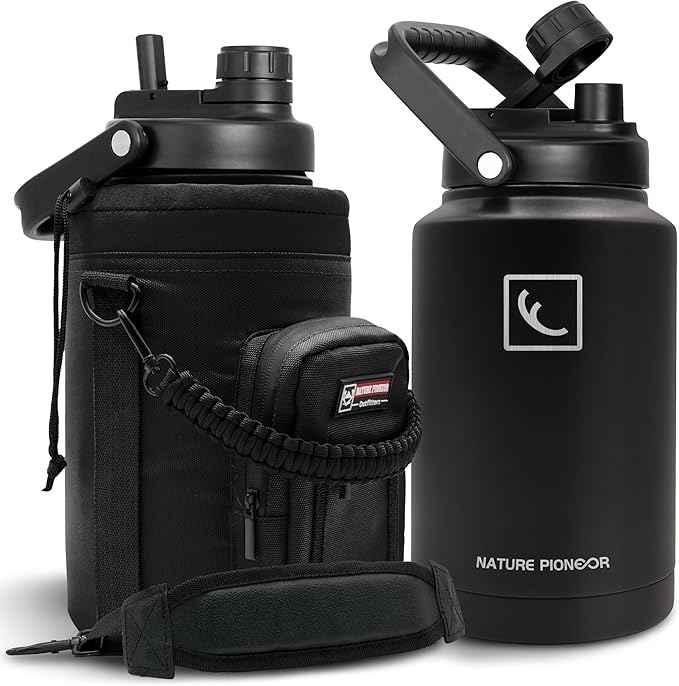 NATURE PIONEOR 1 Gallon Insulated Water Bottle - Double Vacuum Stainless Steel 128 oz Water Bottle with Holder/Carrier, Wide Mouth 1 gallon Water Jug for Outdoor Sports, Hiking, Camping, Gym