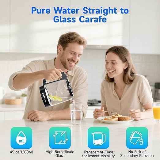 Ecoviva Countertop Reverse Osmosis Water Filter, 6 Stage RO Water Filtration System with 44 oz Glass Carafe, Water Purifier, 3:1 Pure to Drain, Black