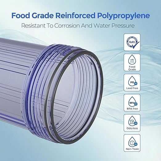 Whole House Water Filter Housing (WH-C10HD), 10" x 4.5" Sediment etc Filter Universal Housing, Pre-Filtration System for Well and City Water, 1" NPT Port, Pressure Release(Clear Housing)
