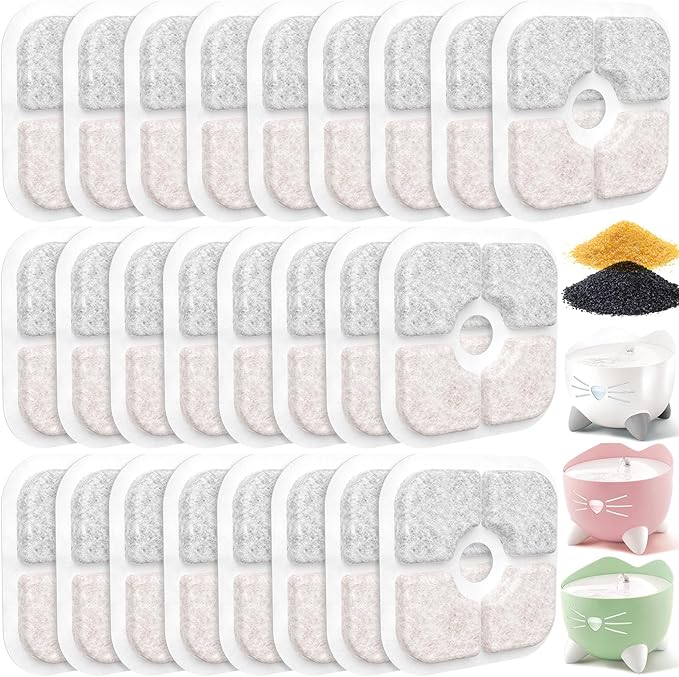 25 Pack Cat Fountain Filter Compatible With Catit PIXI Drinking Fountain, Replacement Triple Action Water Filter with Ion-exchange Resin & Activated Carbon, White