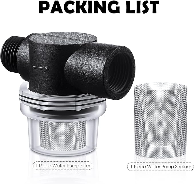 2 Pcs Water Pump Strainer Filter Set Include Twist on Pipe Filter and Extra 50 Mesh Stainless Steel Screen, Rv Replacement 1/2 Inch Twist-on Pipe Strainer Compatible with WFCO or Shurflo Pump