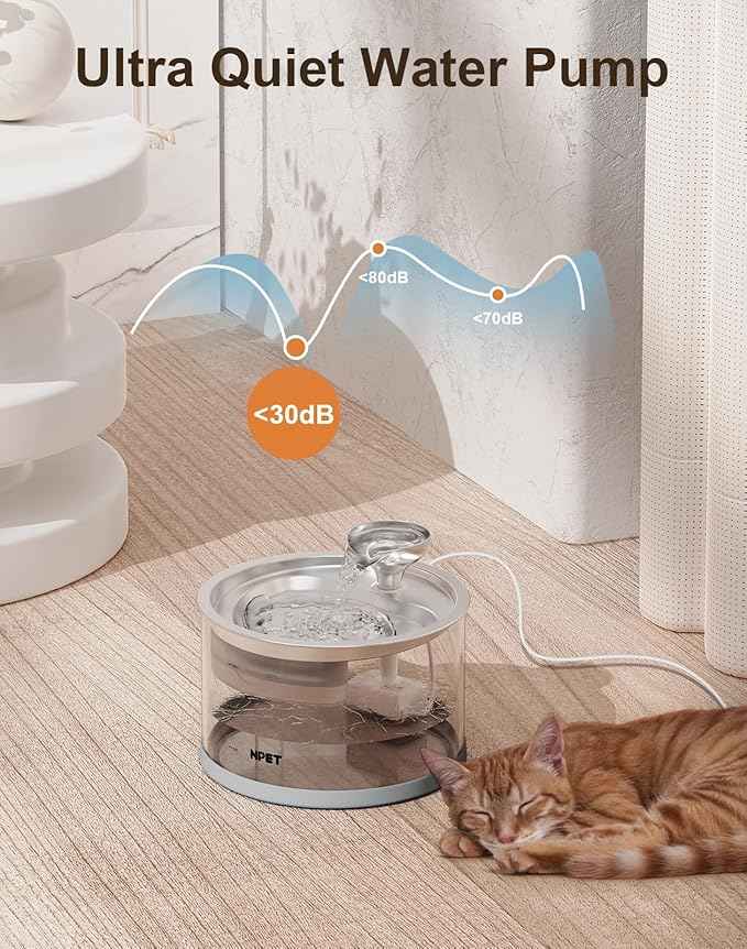 NPET N280 Cat Water Fountain Glass, 95oz/2.8L Automatic Pet Fountain Dog Stainless Steel Tray, Water Dispenser for Cats, Dogs, Multiple Pets (Water Fountain + 5 Filters)