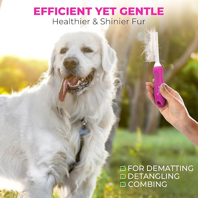 Poodle Pet Detangling Pet Comb with Long & Short Stainless Steel Teeth for Removing Matted Fur, Knots & Tangles – Detangler Tool Accessories for Safe & Gentle DIY Dog & Cat Grooming (Pink) - AquaVibe