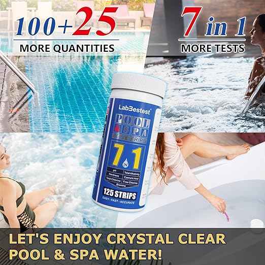 Pool Spa Hot Tub Test Strips - 125 Pool Spa Test Strips - Swimming Pool Water Testing Kit - Rapid Accurate Easy to Test pH, Hardness, Cyanuric Acid, Chlorine, Bromine, and More (7-Way)